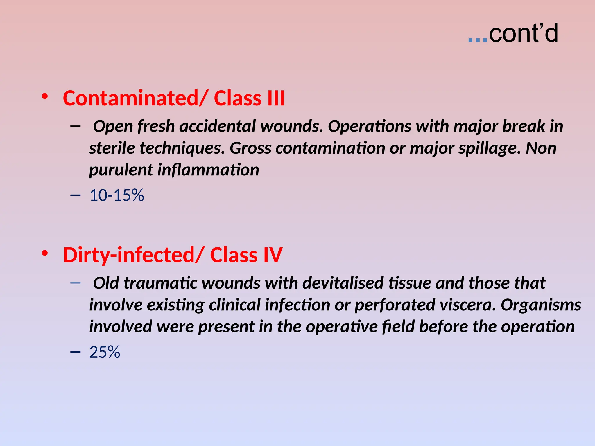 ...cont’d
• Contaminated/ Class III
– Open fresh accidental wounds. Operations with major break in
sterile techniques. Gross contamination or major spillage. Non
purulent inflammation
– 10-15%
• Dirty-infected/ Class IV
– Old traumatic wounds with devitalised tissue and those that
involve existing clinical infection or perforated viscera. Organisms
involved were present in the operative field before the operation
– 25%
 