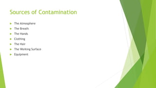 Sources of Contamination
 The Atmosphere
 The Breath
 The Hands
 Clothing
 The Hair
 The Working Surface
 Equipment
 