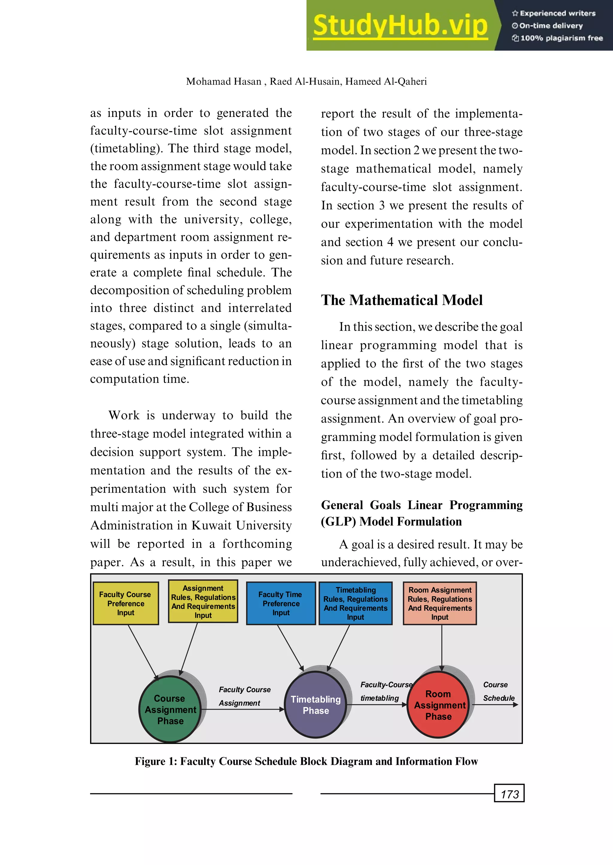 as inputs in order to generated the
faculty-course-time slot assignment
(timetabling). The third stage model,
theroomassignmentstagewouldtake
the faculty-course-time slot assign-
ment result from the second stage
along with the university, college,
and department room assignment re-
quirements as inputs in order to gen-
erate a complete ®nal schedule. The
decompositionofschedulingproblem
into three distinct and interrelated
stages, compared to a single (simulta-
neously) stage solution, leads to an
easeofuseandsigni®cantreductionin
computation time.
Work is underway to build the
three-stage model integrated within a
decision support system. The imple-
mentation and the results of the ex-
perimentation with such system for
multimajorattheCollegeofBusiness
Administration in Kuwait University
will be reported in a forthcoming
paper. As a result, in this paper we
report the result of the implementa-
tion of two stages of our three-stage
model.Insection2wepresentthetwo-
stage mathematical model, namely
faculty-course-time slot assignment.
In section 3 we present the results of
our experimentation with the model
and section 4 we present our conclu-
sion and future research.
The Mathematical Model
Inthissection,wedescribethegoal
linear programming model that is
applied to the ®rst of the two stages
of the model, namely the faculty-
courseassignmentandthetimetabling
assignment. An overview of goal pro-
grammingmodelformulationisgiven
®rst, followed by a detailed descrip-
tion of the two-stage model.
General Goals Linear Programming
(GLP) Model Formulation
Agoalisadesiredresult.Itmaybe
underachieved,fullyachieved,orover-
Figure 1: Faculty Course Schedule Block Diagram and Information Flow
Course
Assignment
Phase
Course
Assignment
Phase
Faculty Course
Preference
Input
Timetabling
Phase
Timetabling
Phase
Room
Assignment
Phase
Room
Assignment
Phase
Faculty Course
Assignment
Course
Schedule
Faculty Course
Preference
Input
Assignment
Rules, Regulations
And Requirements
Input
Faculty Time
Preference
Input
Timetabling
Rules, Regulations
And Requirements
Input
Room Assignment
Rules, Regulations
And Requirements
Input
Faculty-Course
timetabling
MohamadHasan, RaedAl-Husain, HameedAl-Qaheri
173
 