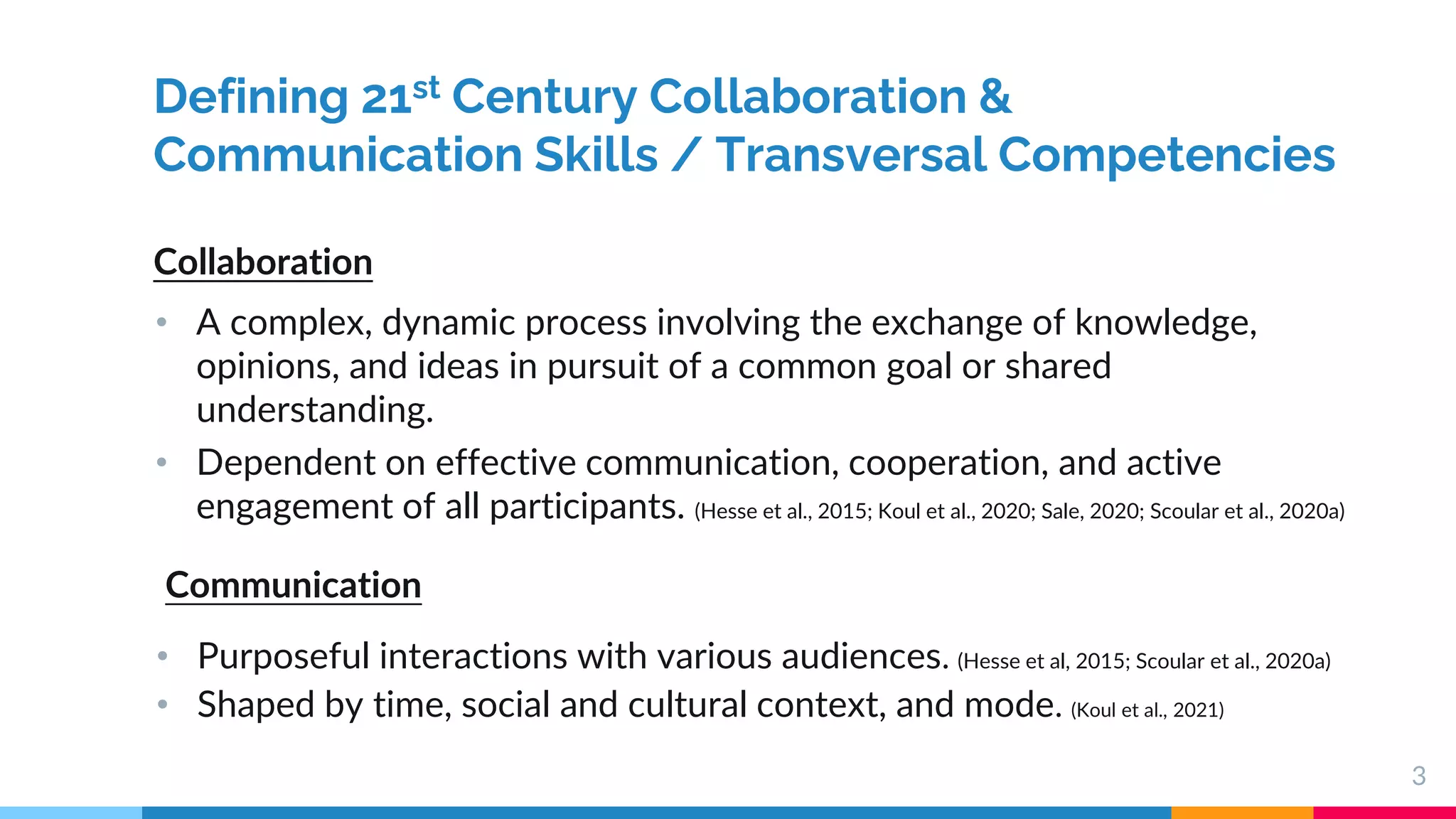 Defining 21st Century Collaboration &
Communication Skills / Transversal Competencies
3
Collaboration
Communication
• A complex, dynamic process involving the exchange of knowledge,
opinions, and ideas in pursuit of a common goal or shared
understanding.
• Dependent on effective communication, cooperation, and active
engagement of all participants. (Hesse et al., 2015; Koul et al., 2020; Sale, 2020; Scoular et al., 2020a)
• Purposeful interactions with various audiences. (Hesse et al, 2015; Scoular et al., 2020a)
• Shaped by time, social and cultural context, and mode. (Koul et al., 2021)
 