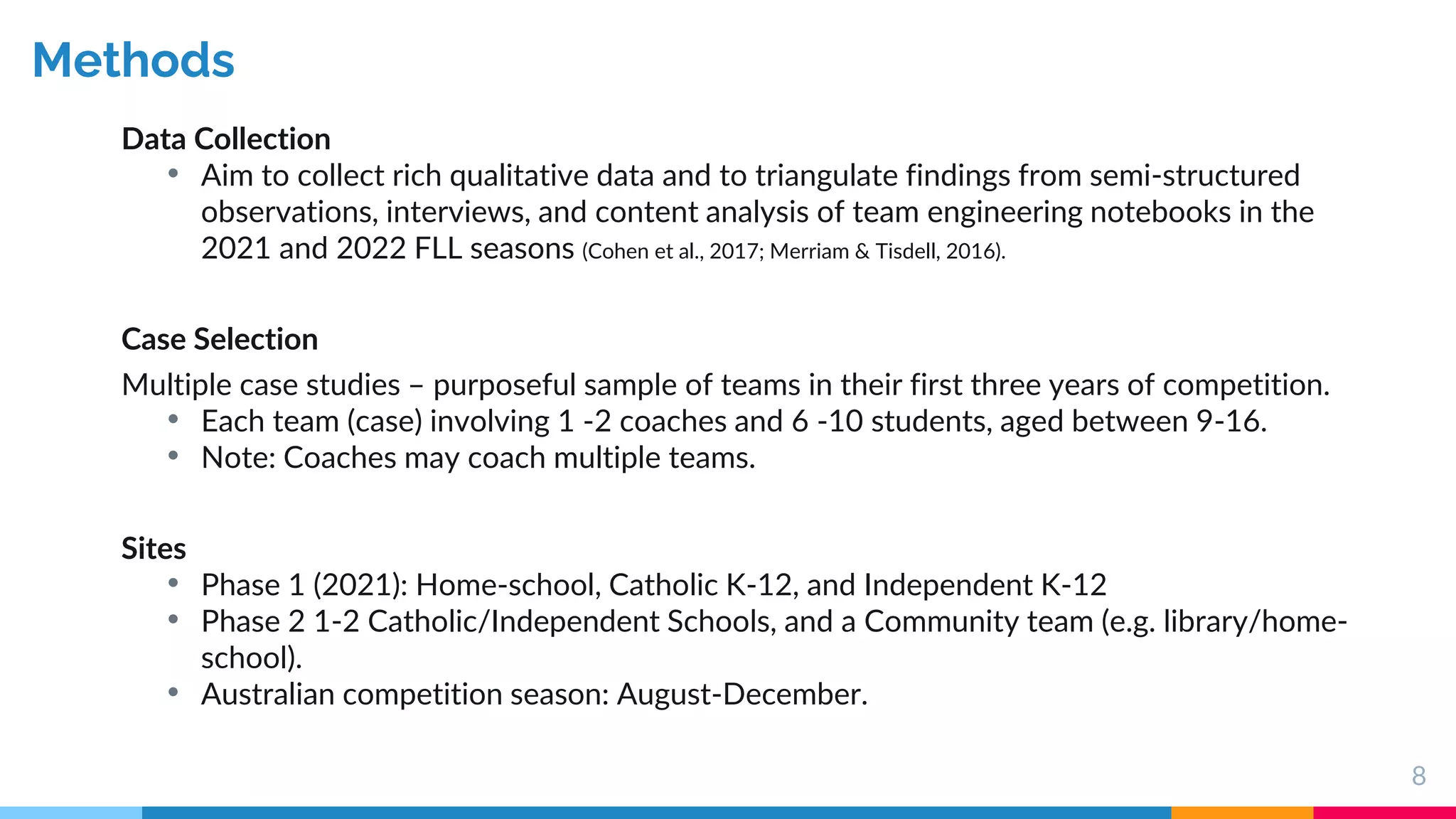 8
Methods
Data Collection
• Aim to collect rich qualitative data and to triangulate findings from semi-structured
observations, interviews, and content analysis of team engineering notebooks in the
2021 and 2022 FLL seasons (Cohen et al., 2017; Merriam & Tisdell, 2016).
Case Selection
Multiple case studies – purposeful sample of teams in their first three years of competition.
• Each team (case) involving 1 -2 coaches and 6 -10 students, aged between 9-16.
• Note: Coaches may coach multiple teams.
Sites
• Phase 1 (2021): Home-school, Catholic K-12, and Independent K-12
• Phase 2 1-2 Catholic/Independent Schools, and a Community team (e.g. library/home-
school).
• Australian competition season: August-December.
 