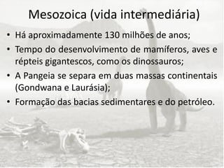 Mesozoica (vida intermediária)
• Há aproximadamente 130 milhões de anos;
• Tempo do desenvolvimento de mamíferos, aves e
  répteis gigantescos, como os dinossauros;
• A Pangeia se separa em duas massas continentais
  (Gondwana e Laurásia);
• Formação das bacias sedimentares e do petróleo.
 
