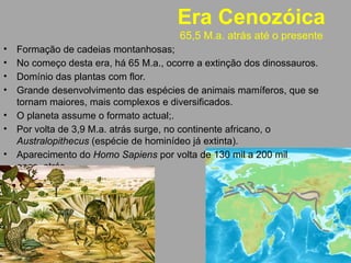 Era Cenozóica
65,5 M.a. atrás até o presente
• Formação de cadeias montanhosas;
• No começo desta era, há 65 M.a., ocorre a extinção dos dinossauros.
• Domínio das plantas com flor.
• Grande desenvolvimento das espécies de animais mamíferos, que se
tornam maiores, mais complexos e diversificados.
• O planeta assume o formato actual;.
• Por volta de 3,9 M.a. atrás surge, no continente africano, o
Australopithecus (espécie de hominídeo já extinta).
• Aparecimento do Homo Sapiens por volta de 130 mil a 200 mil
anos .atrás.
 