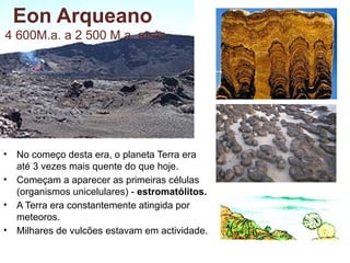 Eon Arqueano
4 600M.a. a 2 500 M.a. atrás
• No começo desta era, o planeta Terra era
até 3 vezes mais quente do que hoje.
• Começam a aparecer as primeiras células
(organismos unicelulares) - estromatólitos.
• A Terra era constantemente atingida por
meteoros.
• Milhares de vulcões estavam em actividade.
 