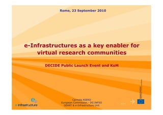 ••• 1
e-Infrastructures as a key enabler for
virtual research communities
DECIDE Public Launch Event and KoM
Rome, 23 September 2010
Carmela ASERO
European Commission - DG INFSO
GÉANT & e-Infrastructure Unit
 