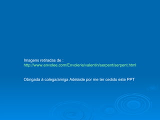 Imagens retiradas de :
http://www.envolee.com/Envolerie/valentin/serpent/serpent.html


Obrigada à colega/amiga Adelaide por me ter cedido este PPT
 