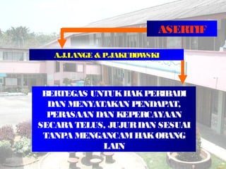 ASERTIF
BERTEGAS UNTUKHAKPERIBADI
DAN MENYATAKAN PENDAPAT,
PERASAAN DAN KEPERCAYAAN
SECARA TELUS, JUJURDAN SESUAI
TANPA MENGANCAMHAKORANG
LAIN
A.J.LANGE & P.JAKUBOWSKI
 