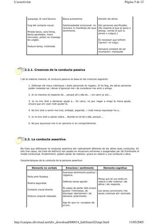 L'assertivitat                                                                                         Página 5 de 12




           quequeja, té vacil—lacions.      Baixa autoestima.                 ofendre els altres.

           Fuig del contacte visual.        Deshonestedat emocional: no Són persones sacrificades.
                                            reconeix ni manifesta els seus (No importa el que jo pensi o
           Mirada baixa, cara tensa,        sentiments.                    desitgi, només el que tu
                                                                           pensis o vulguis.)
           dents apretades, mans
           nervioses, potser es mossega
           les ungles.                                                        És necessari que tothom
                                                                              l’apreciï i el vulgui.
           Postura tensa, incòmoda.
                                                                              Sensació constant de ser
                                                                              incomprès i manipulat.




        2.2.1. Creences de la conducta passiva


     I de la mateixa manera, la conducta passiva es basa en les creences següents:

            1. Defensar els meus interessos i drets personals és negatiu. Si ho faig, les altres persones
            poden molestar-se i deixar d’apreciar-me i de considerar-me amic o amiga.

            2. Jo no mereixo el respecte de... perquè ell o ella és... i en canvi jo sóc...

            3. Jo no tinc dret a demanar ajuda a... En canvi, no puc negar a ningú la meva ajuda,
            encara que em costi molt ajudar-lo.

            4. No tinc dret a sentir-me trist, enfadat, espantat...i molt menys expressar-ho a..

            5. Jo no tinc dret a opinar sobre... Només en té ell o ella, perquè....

            6. No puc equivocar-me ni en opinions ni en comportaments.




        2.3. La conducta assertiva


     Els trets que defineixen la conducta assertiva són radicalment diferents de les altres dues conductes. En
     tots tres casos, els trets de definició són posats en situacions extremes o exagerades per tal d’entendre el
     model conductual. Evidentment, podem parlar de matisos i graus en relació a una conducta o altra.

     Característiques de la conducta de la persona assertiva:


                 Elements no verbals           Emocions i sentiments               Elements cognitius

                                            Expressa sentiments positius i
                                            negatius.
           Parla amb fluïdesa.
                                                                              Pensa que té uns drets en
                                            Defensa sense agredir.            relació a ella mateixa i als
           Mostra seguretat.
                                                                              altres i els respecta.
                                            És capaç de parlar dels propis
           Contacte visual directe.
                                            gustos i interessos, de           Les seves conviccions i les
                                            discrepar obertament i de         seves creences són racionals.
           Postura corporal relaxada.       demanar aclariments.

                                            Sap dir que no i acceptar els
                                            errors.




http://campus.ubvirtual.net/ubv_download/800014_habilitats/t2/impr.html                                      11/05/2005
 