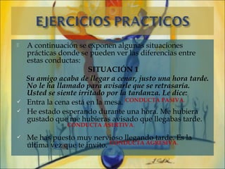    A continuación se exponen algunas situaciones
    prácticas donde se pueden ver las diferencias entre
    estas conductas:
                       SITUACIÓN 1
    Su amigo acaba de llegar a cenar, justo una hora tarde.
    No le ha llamado para avisarle que se retrasaría.
    Usted se siente irritado por la tardanza. Le dice:
   Entra la cena está en la mesa. CONDUCTA PASIVA.
   He estado esperando durante una hora. Me hubiera
    gustado que me hubieras avisado que llegabas tarde.
                CONDUCTA ASERTIVA.

   Me has puesto muy nervioso llegando tarde. Es la
    última vez que te invito. CONDUCTA AGRESIVA.
 