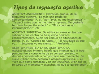 Tipos de respuesta asertiva
•

ASERTIVA ASCENDENTE: Elevación gradual de la
respuesta asertiva. Es más una pauta de
comportamiento. P. ej. “por favor, no me interrumpa” –
“Te pedí antes que no me interrumpieras. Me gustaría
terminar lo que iba a decir” – “Mira ¿podrías no
interrumpirme?”, etc.

•

ASERTIVA SUBJETIVA: Se utiliza en casos en los que
sabemos que el otro no ha querido herirnos
conscientemente. Suele ser común en situaciones de
pareja. P. ej. “Cuando tu haces…”, “El resultado es que
yo…”, !Entonces yo me siento…”, “Preferiría…”.

•

ASERTIVA FRENTE A LA NO ASERTIVA O LA
AGRESIVIDAD: Primero habría que intentar que la otra
persona fuera consciente de su comportamiento y
después demostrarle a comportarse asertivamente. Se
suele utilizar como defensa a ataques agresivos. P. ej.
“Veo que estas enfadado y no me escuchas. ¿Por qué no
te paras un momento y escuchas los que te quiero decir”.

 