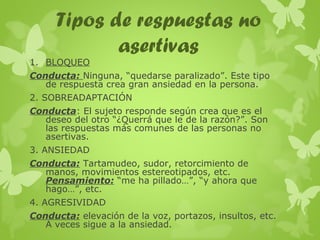 Tipos de respuestas no
asertivas

1. BLOQUEO

Conducta: Ninguna, “quedarse paralizado”. Este tipo
de respuesta crea gran ansiedad en la persona.
2. SOBREADAPTACIÓN
Conducta: El sujeto responde según crea que es el
deseo del otro “¿Querrá que le de la razón?”. Son
las respuestas más comunes de las personas no
asertivas.
3. ANSIEDAD
Conducta: Tartamudeo, sudor, retorcimiento de
manos, movimientos estereotipados, etc.
Pensamiento: “me ha pillado…”, “y ahora que
hago…”, etc.
4. AGRESIVIDAD
Conducta: elevación de la voz, portazos, insultos, etc.
A veces sigue a la ansiedad.

 