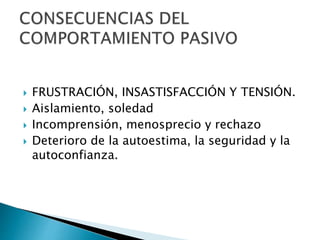  FRUSTRACIÓN, INSASTISFACCIÓN Y TENSIÓN.
 Aislamiento, soledad
 Incomprensión, menosprecio y rechazo
 Deterioro de la autoestima, la seguridad y la
autoconfianza.
 