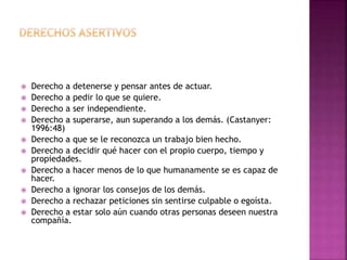  Derecho a detenerse y pensar antes de actuar.
 Derecho a pedir lo que se quiere.
 Derecho a ser independiente.
 Derecho a superarse, aun superando a los demás. (Castanyer:
1996:48)
 Derecho a que se le reconozca un trabajo bien hecho.
 Derecho a decidir qué hacer con el propio cuerpo, tiempo y
propiedades.
 Derecho a hacer menos de lo que humanamente se es capaz de
hacer.
 Derecho a ignorar los consejos de los demás.
 Derecho a rechazar peticiones sin sentirse culpable o egoísta.
 Derecho a estar solo aún cuando otras personas deseen nuestra
compañía.
 