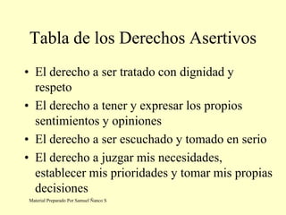 Tabla de los Derechos Asertivos
• El derecho a ser tratado con dignidad y
respeto
• El derecho a tener y expresar los propios
sentimientos y opiniones
• El derecho a ser escuchado y tomado en serio
• El derecho a juzgar mis necesidades,
establecer mis prioridades y tomar mis propias
decisiones
Material Preparado Por Samuel Ñanco S
 