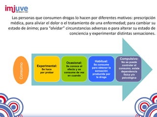 Las personas que consumen drogas lo hacen por diferentes motivos: prescripción
 médica, para aliviar el dolor o el tratamiento de una enfermedad; para cambiar su
estado de ánimo; para “olvidar” circunstancias adversas o para alterar su estado de
                                     conciencia y experimentar distintas sensaciones.




                                                                   Compulsivo:
                                                   Habitual:         No se puede
                                 Ocasional:
      Consumo




                                                  Se consume          controlar el
                Experimental:    Se conoce el
                                                 para obtener la   consumo, existe
                   Se hace        efecto y se
                                                   sensación         dependencia
                  por probar    consume de vez
                                                 producida por         física y/o
                                  en cuando
                                                    la droga          psicológica
 