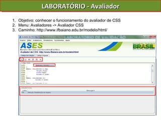LABORATÓRIO - Avaliador Objetivo: conhecer o funcionamento do avaliador de CSS Menu: Avaliadores -> Avaliador CSS Caminho: http://www.ifbaiano.edu.br/modelo/html/ 