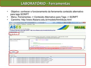 LABORATÓRIO - Ferramentas Objetivo: conhecer o funcionamento da ferramenta conteúdo alternativo para tags SCRIPT Menu: Ferramentas -> Conteúdo Alternativo para Tags -> SCRIPT Caminho: http://www.ifbaiano.edu.br/modelo/html/dicas.html 
