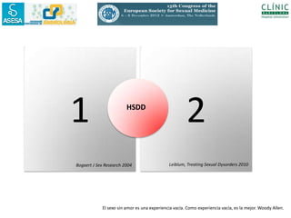1                       HSDD
                                                      2
Bogaert J Sex Research 2004                  Leiblum, Treating Sexual Dysorders 2010




            El sexo sin amor es una experiencia vacía. Como experiencia vacía, es la mejor. Woody Allen.
 