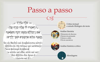 Passo a passo
     
                 Crítica textual
                 e estudo filológico do texto

         Análise literária
         •Elementos do discurso
         •Fatores de persuasão
         •Gênero e estilo
         •Níveis narrativos



         Análise histórico-crítica



                 Abordagens
 