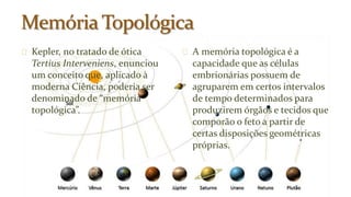 Kepler, no tratado de ótica 
Tertius Interveniens, enunciou 
um conceito que, aplicado à 
moderna Ciência, poderia ser 
denominado de “memória 
topológica”. 
A memória topológica é a 
capacidade que as células 
embrionárias possuem de 
agruparem em certos intervalos 
de tempo determinados para 
produzirem órgãos e tecidos que 
comporão o feto a partir de 
certas disposições geométricas 
próprias. 
 
