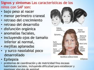 Signos y síntomas Las características de los
niños con SAF son:
• bajo peso al nacer
• menor perímetro craneal
• retraso del crecimiento
• retraso del desarrollo
• disfunción orgánica
• anomalías faciales,
• incluyendo ojos de tamaño
inferior al normal,
• mejillas aplanadas
• y surco nasolabial poco
desarrollado
• Epilepsia
• problemas de coordinación y de motricidad fina escasas
habilidades sociales, incluyendo dificultad para establecer y
 