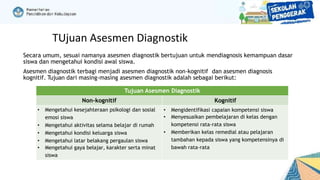 Secara umum, sesuai namanya asesmen diagnostik bertujuan untuk mendiagnosis kemampuan dasar
siswa dan mengetahui kondisi awal siswa.
Asesmen diagnostik terbagi menjadi asesmen diagnostik non-kognitif dan asesmen diagnosis
kognitif. Tujuan dari masing-masing asesmen diagnostik adalah sebagai berikut:
Tujuan Asesmen Diagnostik
Non-kognitif Kognitif
• Mengetahui kesejahteraan psikologi dan sosial
emosi siswa
• Mengetahui aktivitas selama belajar di rumah
• Mengetahui kondisi keluarga siswa
• Mengetahui latar belakang pergaulan siswa
• Mengetahui gaya belajar, karakter serta minat
siswa
• Mengidentifikasi capaian kompetensi siswa
• Menyesuaikan pembelajaran di kelas dengan
kompetensi rata-rata siswa
• Memberikan kelas remedial atau pelajaran
tambahan kepada siswa yang kompetensinya di
bawah rata-rata
TUjuan Asesmen Diagnostik
 