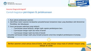 1. Buat jadwal pelaksanaan asesmen
2. Identifikasi materi asesmen berdasarkan penyederhanaan kompetensi dasar yang disediakan oleh Kementrian
Pendidikan dan Kebudayaan
3. Susun pertanyaan sederhana yang meliputi:
•
•
•
2 pertanyaan sesuai kelasnya, dengan topik capaian pembelajaran baru
6 pertanyaan dengan topik satu kelas di bawah
2 pertanyaan dengan topik dua kelas di bawah
Asesmen Diagnostik Kognitif
Contoh kegiatan persiapan & pelaksanaan
(sesuaikan pertanyaan dengan topik yang menjadi prasyarat untuk bisa mengikuti pembelajaran di jenjang
sekarang)
Berikan asesmen untuk semua siswa di kelas, baik yang belajar tatap muka di sekolah maupun yang
belajar di rumah
 
