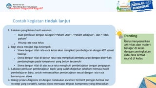 1. Lakukan pengolahan hasil asesmen
•
• Buat penilaian dengan kategori “Paham utuh”, “Paham sebagian”, dan “Tidak
paham”
Hitung rata-rata kelas
2. Bagi siswa menjadi tiga kelompok:
•
• Siswa dengan nilai rata-rata kelas akan mengikuti pembelajaran dengan ATP sesuai
fasenya
Siswa dengan nilai di bawah rata-rata mengikuti pembelajaran dengan diberikan
pendampingan pada kompetensi yang belum terpenuhi
• Siswa dengan nilai di atas rata-rata mengikuti pembelajaran dengan pengayaan
3. Lakukan penilaian pembelajaran topik yang sudah diajarkan sebelum memulai topik
pembelajaran baru, untuk menyesuaikan pembelajaran sesuai dengan rata-rata
kemampuan siswa
4. Ulangi proses diagnosis ini dengan melakukan asesmen formatif (dengan bentuk dan
strategi yang variatif), sampai siswa mencapai tingkat kompetensi yang diharapkan
Asesmen Diagnostik Kognitif
Contoh kegiatan tindak lanjut
Penting
!
Guru menyesuaikan
aktivitas dan materi
belajar di kelas
dengan peningkatan
rata-rata semua
murid di kelas
 