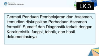 Cermati Panduan Pembelajaran dan Asesmen,
kemudian diskripsikan Perbedaan Asesmen
formatif, Sumatif dan Diagnostik terkait dengan
Karakteristik, fungsi, tehnik, dan hasil
dokumentasinya
LK.3
 