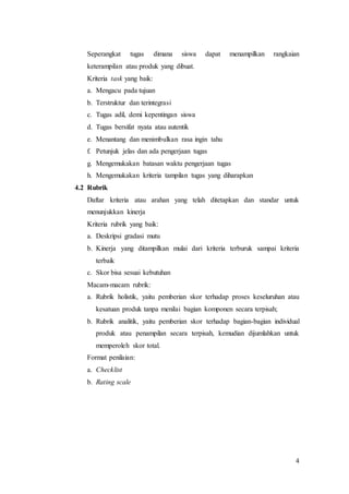 4
Seperangkat tugas dimana siswa dapat menampilkan rangkaian
keterampilan atau produk yang dibuat.
Kriteria task yang baik:
a. Mengacu pada tujuan
b. Terstruktur dan terintegrasi
c. Tugas adil, demi kepentingan siswa
d. Tugas bersifat nyata atau autentik
e. Menantang dan menimbulkan rasa ingin tahu
f. Petunjuk jelas dan ada pengerjaan tugas
g. Mengemukakan batasan waktu pengerjaan tugas
h. Mengemukakan kriteria tampilan tugas yang diharapkan
4.2 Rubrik
Daftar kriteria atau arahan yang telah ditetapkan dan standar untuk
menunjukkan kinerja
Kriteria rubrik yang baik:
a. Deskripsi gradasi mutu
b. Kinerja yang ditampilkan mulai dari kriteria terburuk sampai kriteria
terbaik
c. Skor bisa sesuai kebutuhan
Macam-macam rubrik:
a. Rubrik holistik, yaitu pemberian skor terhadap proses keseluruhan atau
kesatuan produk tanpa menilai bagian komponen secara terpisah;
b. Rubrik analitik, yaitu pemberian skor terhadap bagian-bagian individual
produk atau penampilan secara terpisah, kemudian dijumlahkan untuk
memperoleh skor total.
Format penilaian:
a. Checklist
b. Rating scale
 