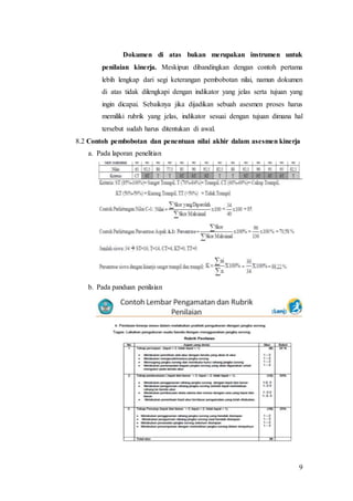 9
Dokumen di atas bukan merupakan instrumen untuk
penilaian kinerja. Meskipun dibandingkan dengan contoh pertama
lebih lengkap dari segi keterangan pembobotan nilai, namun dokumen
di atas tidak dilengkapi dengan indikator yang jelas serta tujuan yang
ingin dicapai. Sebaiknya jika dijadikan sebuah asesmen proses harus
memiliki rubrik yang jelas, indikator sesuai dengan tujuan dimana hal
tersebut sudah harus ditentukan di awal.
8.2 Contoh pembobotan dan penentuan nilai akhir dalam asesmen kinerja
a. Pada laporan penelitian
b. Pada panduan penilaian
 