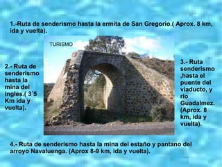 1.-Ruta de senderismo hasta la ermita de San Gregorio.( Aprox. 8 km, ida y vuelta). 2.- Ruta de senderismo hasta la mina del ingles.( 3´5 Km ida y vuelta). 3.- Ruta senderismo,hasta el puente del viaducto, y río Guadalmez.(Aprox. 8 km, ida y vuelta). 4.- Ruta de senderismo hasta la mina del estaño y pantano del arroyo Navaluenga. (Aprox 8-9 km, ida y vuelta). TURISMO 
