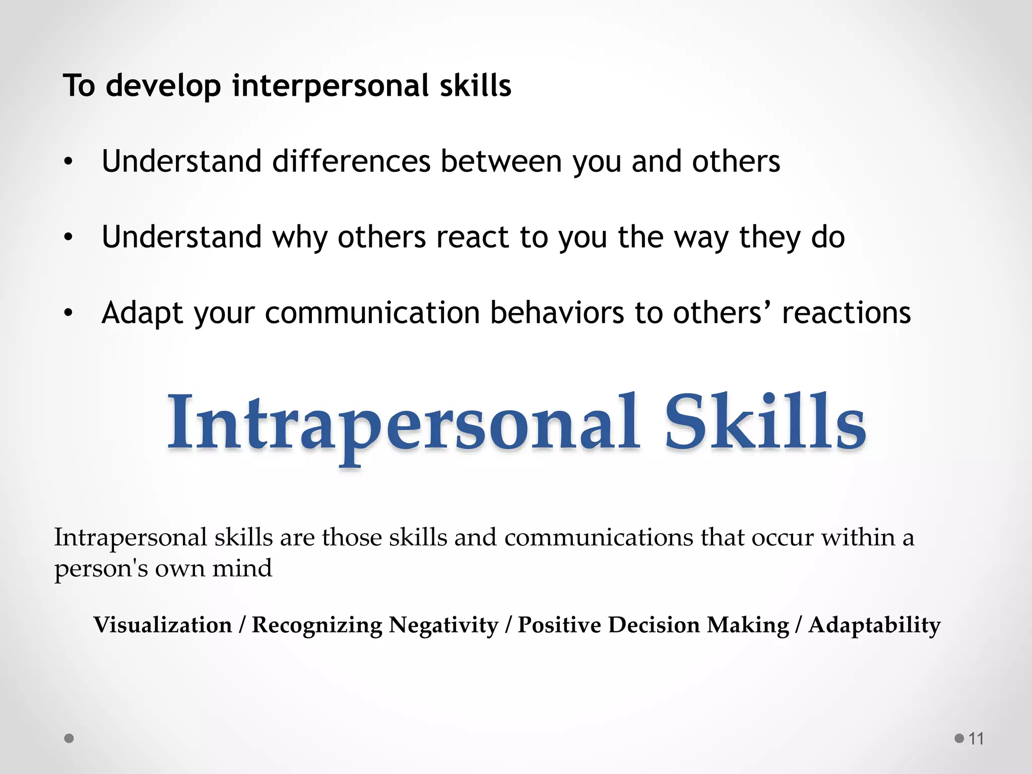Intrapersonal Skills
11
To develop interpersonal skills
• Understand differences between you and others
• Understand why others react to you the way they do
• Adapt your communication behaviors to others’ reactions
Intrapersonal skills are those skills and communications that occur within a
person's own mind
Visualization / Recognizing Negativity / Positive Decision Making / Adaptability
 
