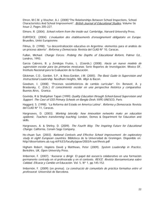Ehren, M.C.M. y Visscher, A.J. (2008)”The Relationships Between School Inspections, School
Characteristics And School Improvement”, British Journal of Educational Studies, Volume 56
Issue 2, Pages 205-227.
Elmore, R. (2004). School reform from the inside out. Cambridge, Harvard University Press.
EURYDICE. (2004). L’évaluation des établissements d’enseignement obligatoire en Europe.
Bruxelles, Unité Européenne.
Filmus, D. (1998). “La descentralización educativa en Argentina: elementos para el análisis de
un proceso abierto”. Reforma y Democracia. Revista del CLAD Nº 10, Caracas.
Fullan, Michael. Change Forces: Probing the Depths of Educational Reform, Palmer Ed.,
Londres, 1993.
García Cabrero, B. y Zendejas Frutos, L. (Coords.) (2008). Hacia un nuevo modelo de
supervisión escolar para las primarias mexicanas. Serie Reportes de Investigación. México DF,
Instituto Nacional para la Evaluación de la Educación.
Glickman, C.D., Gordon, S.P., & Ross-Gordon, J.M. (2005). The Basic Guide to Supervision and
Instructional Leadership. Needham Heights, MA: Allyn & Bacon.
Goodson, I. (2008). “Procesos sociohistóricos de cambio curricular”. En: Benavot, A. y
Braslavsky, C. (Eds.) El conocimiento escolar en una perspectiva histórica y comparativa.
Buenos Aires, Granica.
Govinda, R & Shahjahan Tapan (1999) Quality Education through School-based Supervision and
Support. The Case of GSS Primary Schools en Bangla Desh, IIIPE-UNESCO, Paris
Haggard, S. (1998). “La Reforma del Estado en America Latina”. Reforma y Democracia. Revista
del CLAD Nº 11, Caracas.
Hargreaves, D. (2003). Working laterally: how innovation networks make an education
epidemic. Teachers transforming teaching. London, Demos & Department for Education and
skills.

Hargreaves, A. & Shirley, D. (2009). The Fourth Way. The Inspiring Future for Educational
Change. California, Corwin Sage Company.
He-chuan Sun. (2003). National Contexts and Effective School Improvement. An exploratory
study in eight European countries. Biblioteca de la Universidad de Groningen. Disponible en:
http//dissertations.ub.rug.nl/FILES/faculty/ppsw/2003/h.sun/thesis.pdf

Higham Robert, Hopkins David y Matthews, Peter (2009). System Leadership in Practice,
Berkshire, UK, Open University Press.
Imbernon, F. (2007). “Asesorar o dirigir. El papel del asesor/a colaborativo en una formación
permanente centrada en el profesorado y en el contexto. REICE. Revista Iberoamericana sobre
Calidad, Eficacia y Cambio en Educación. Vol. 5, Nº 1, pp.145-152.
Imbernón, F. (2009) (en prensa). La construcció de comunitats de pràctica formativa entre el
professorat. Universitat de Barcelona.

22

 