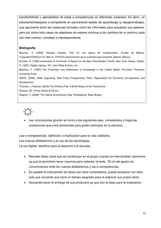 53
transferibilidad y aplicabilidad de estas e-competencias en diferentes contextos. Es decir, un
estudiante/trabajador e-competente en permanente estado de aprendizaje (y desaprendizaje),
que aproveche tanto las instancias formales como las informales para actualizar sus saberes,
pero por sobre todo capaz de adaptarse de manera continua a los cambios de un entorno cada
vez más confuso, complejo e interdependiente.
Bibliografía
Bauman, Z. (2008) Tiempos líquidos. Vivir en una época de incertidumbre. Ciudad de México:
Tusquets/CONACULTA. Bell, D. (1976) El advenimiento de la sociedad post-industrial. Madrid: Alianza.
Drucker, P. (1959) Landmarks of Tomorrow: A Report on the New 'Post-Modern' World. New York: Harper. Gilster,
P. (1997). Digital Literacy. NY: John Wiley & Sons, Inc.
Machlup, F. (1962) The Production and Distribution of Knowledge in the United States. Princeton: Princeton
University Press
OECD. (2006). Skills Upgrading, New Policy Perspectives. Paris: Organisation for Economic Co-Operation and
Development.
Thomas L. Friedman (2005) The World is Flat: A Brief History of the Twenty-first
Century. NY: Farrar Straus & Giroux
Wagner, T. (2008). The Global Achievement Gap. Philadelphia: Basic Books.
 Las conclusiones girarán en torno a los siguientes ejes, considérelos y haga las
anotaciones que crea pertinentes para poder participar en la plenaria.
Las e-competencias: definición e implicación para la vida cotidiana.
Los nuevos alfabetismos y el uso de las tecnologías.
La era digital: desafíos para la asesoría a la escuela.
 Rescate ideas clave que se construyan en el grupo cuando se intercambien opiniones
ya que le permitirán tener insumos para redactar el texto; “El rol del gestor de
conocimientos ante los nuevos alfabetismos y las e-competencias,
 Es posible el intercambio de ideas con otros compañeros, puede socializar con ellos
solo que recuerde que tiene un tiempo asignado para la elaborar sus propio texto.
 Recuerde hacer la entrega de sus productos ya que son la base para la evaluación.
 