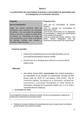55
Sesión 2
La conformación de comunidades de práctica y comunidades de aprendizaje para
la investigación y la innovación educativa
Propósito
Que los participantes:
Hagan una revisión minuciosa sobre las
condiciones, para conformar una comunidad
de práctica y una comunidad de aprendizaje
virtual, ya que son un espacio en donde fluye,
se produce, se intercambia, se divulga, se
crea conocimiento y por lo tanto se fortalecen
las prácticas docentes para impulsar y
concretar el logro educativo.
Preguntas clave:
¿Qué son las comunidades de práctica
virtuales?
¿Qué se entiende por comunidades de
aprendizaje virtual?
¿Qué función desempeñan en la adquisición
de aprendizajes y creación de conocimientos
en los colectivos Escolares?
¿Cuál es el papel del docente, directivo y del
asesor Técnico Pedagógico ante los
mecanismos de generación de conocimiento?
Productos parciales:
 Cuadro de las características de una comunidad de práctica y de una
comunidad de aprendizaje en entornos virtuales.
 Construcción de un decálogo para conformar una comunidad de
práctica virtual.
Materiales:
 Sanz Martos, Sandra (2005). Comunicación. Diez módulos destinados a
los responsables de los procesos de transformación educativa de IIPE
Buenos Aires, pp. 20-25. En: Lara Navarra, Pablo (coord.). "Uso de
contenidos digitales: tecnologías de la información, sociedad del
conocimiento y universidad" [monográfico en línea]. Revista de
Universidad y Sociedad del Conocimiento (RUSC) (vol. 2, no 2). UOC.(
Universitat Oberta de Catalunya).
1. Actividades de inicio
Con la siguiente actividad se pretende compartir con las y los participantes la agenda de
trabajo para el desarrollo de la presente sesión.
 Participe en la lectura colectiva de los propósitos del curso y si quiere hacer comentarios
puede hacerlos. No se quede con dudas.
 
