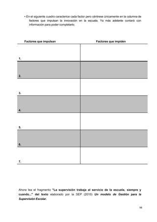 98
• En el siguiente cuadro caracterice cada factor pero céntrese únicamente en la columna de
factores que impulsan la innovación en la escuela. Ya más adelante contará con
información para poder completarlo.
Factores que impulsan Factores que impiden
1.
2.
3.
4.
5.
6.
7.
Ahora lea el fragmento "La supervisión trabaja al servicio de la escuela, siempre y
cuando..." del texto elaborado por la SEP (2010) Un modelo de Gestión para la
Supervisión Escolar.
 