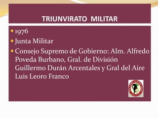 TRIUNVIRATO MILITAR
 1976
 Junta Militar
 Consejo Supremo de Gobierno: Alm. Alfredo
 Poveda Burbano, Gral. de División
 Guillermo Durán Arcentales y Gral del Aire
 Luis Leoro Franco
 