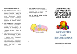As miñas propostas de xoguetes son:
 Xogos de mesa (oca, parchís, cartas…).
Melloran a comunicación interpersoal a
tolerancia á frustración, o respecto ás
regras do xogo (turno de palabra/xogo,
normas establecidas). Ademáis
traballaredes con eles as estratexias
cognitivas xerais (planificación,
anticipación de resposta, atención,
memoria
 Xogos para promover a comunicación
(xogar a ser maiores): cocinita, talleres,
mercado, bonecos. Melloran as
habilidades de comunicación e a
comprensión de regras sociais. Facilitan
a superación de medos e tensións na
vida real.
 Xogos que promoven a actividade física:
patinete, bici, monopatín, aro, pelota.
Promoven un lecer saudable, mellorando
a condición física (coordinación,
equilibrio, tono muscular…)
 Pezas de construcción e manualidades.
Estimulna a imaxinación e creatividade,
ao tempo que mellora a estruturación
espacial, clave para o ámbito
matemático.5
 Unha pizarra. Estimula a creatividade e a
imaxinación, ao tempo que traballamos
motricidade fina, e mesmo o xogo
simbólico (xogamos a ser profes)
 Libros e máis libros, e, o meu consello, é
facer do tempo de lectura, un tempo
compartido en familia!
6
ORIENTACIÓNS
AOS PAIS E NAIS
DOS ALUMNOS DO
CPI PLURILINGÜE
VIRXE DA CELA
DEPARTAMENTO DE ORIENTACIÓN
1
 