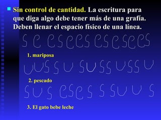  Sin control de cantidad.Sin control de cantidad. La escritura paraLa escritura para
que diga algo debe tener más de una grafía.que diga algo debe tener más de una grafía.
Deben llenar el espacio físico de una línea.Deben llenar el espacio físico de una línea.
1. mariposa
2. pescado
3. El gato bebe leche
 