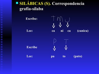  SILÁBICAS (S).SILÁBICAS (S). CorrespondenciaCorrespondencia
grafía-sílabagrafía-sílaba
Escribe:
Lee: ca ni ca (canica)
Escribe
Lee: pa to (pato)
 