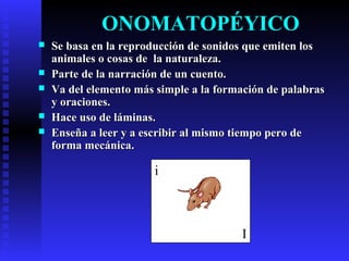 ONOMATOPÉYICO
 Se basa en la reproducción de sonidos que emiten losSe basa en la reproducción de sonidos que emiten los
animales o cosas de la naturaleza.animales o cosas de la naturaleza.
 Parte de la narración de un cuento.Parte de la narración de un cuento.
 Va del elemento más simple a la formación de palabrasVa del elemento más simple a la formación de palabras
y oraciones.y oraciones.
 Hace uso de láminas.Hace uso de láminas.
 Enseña a leer y a escribir al mismo tiempo pero deEnseña a leer y a escribir al mismo tiempo pero de
forma mecánica.forma mecánica.
i
I
 