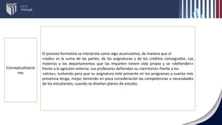 El proceso formativo se interpreta como algo acumulativo, de manera que el
«todo» es la suma de las partes, de las asignaturas y de los créditos conseguidos. Las
materias y los departamentos que las imparten tienen vida propia y se «defienden»
frente a la agresión externa. Los profesores defienden su «territorio» frente a los
«otros», luchando para que su asignatura esté presente en los programas y cuanta más
presencia tenga, mejor, teniendo en poca consideración las competencias o necesidades
de los estudiantes, cuando se diseñan planes de estudio.
Conceptualizacio
nes
 