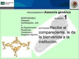 Fomento a la Inversión
Pública y Privada en la
Propiedad Rural
FIPP
PROCEDIMIENTO Asesoría genérica
RESPONSABLE
Delegado,
Subdelegados, Jefe
s
de Departamento,
Residentes,
Visitadores y
Abogados Agrarios
NUMERO 1
ACTIVIDAD Recibe al
compareciente, le da
la bienvenida a la
institución.
 