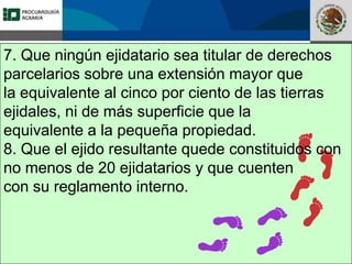 Fomento a la Inversión
Pública y Privada en la
Propiedad Rural
FIPP
7. Que ningún ejidatario sea titular de derechos
parcelarios sobre una extensión mayor que
la equivalente al cinco por ciento de las tierras
ejidales, ni de más superficie que la
equivalente a la pequeña propiedad.
8. Que el ejido resultante quede constituidos con
no menos de 20 ejidatarios y que cuenten
con su reglamento interno.
 