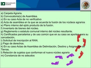Fomento a la Inversión
Pública y Privada en la
Propiedad Rural
FIPP
a) Carpeta Agraria.
b) Convocatoria(s) de Asamblea.
c) En su caso Acta de no verificativo
d) Acta de asamblea en la que se acuerda la fusión de los núcleos agrarios
e) Plano interno del ejido producto de la fusión.
f) Inventario de bienes del núcleo.
g) Reglamento o estatuto comunal interno del núcleo resultante.
h) Certificados parcelarios y de uso común que en su caso se aporten para su
cancelación,
i) Solicitud de inscripción al RAN.
j) Pago de derechos.
k) En su caso Actas de Asamblea de Delimitación, Destino y Asignación de
Tierras.
l) Relación de sujetos que conforman el nuevo núcleo agrario
m) Constancia de no adeudos
 