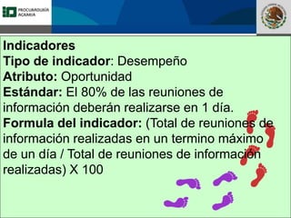 Fomento a la Inversión
Pública y Privada en la
Propiedad Rural
FIPP
Indicadores
Tipo de indicador: Desempeño
Atributo: Oportunidad
Estándar: El 80% de las reuniones de
información deberán realizarse en 1 día.
Formula del indicador: (Total de reuniones de
información realizadas en un termino máximo
de un día / Total de reuniones de información
realizadas) X 100
 