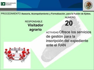 Fomento a la Inversión
Pública y Privada en la
Propiedad Rural
FIPP
RESPONSABLE
Visitador
agrario
NUMERO
20
ACTIVIDAD Ofrece los servicios
de gestión para la
inscripción del expediente
ante el RAN
PROCEDIMIENTO Asesoría, Acompañamiento y Formalización, para la Fusión de Ejidos.
 