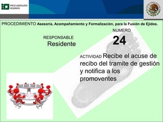 Fomento a la Inversión
Pública y Privada en la
Propiedad Rural
FIPP
RESPONSABLE
Residente
NUMERO
24
ACTIVIDAD Recibe el acuse de
recibo del tramite de gestión
y notifica a los
promoventes
PROCEDIMIENTO Asesoría, Acompañamiento y Formalización, para la Fusión de Ejidos.
 