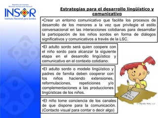 Estrategias para el desarrollo lingüístico y comunicativo 
•CrearunentornocomunicativoquefacilitelosprocesosdedesarrollodelosmenoresalavezqueprivilegieelestiloconversacionalenlasinteraccionescotidianasparadesarrollarlaparticipacióndelosniñossordosenformadediálogossignificativosycomunicativosatravésdelaLSC. 
•Eladultosordoseráquiencoopereconelniñosordoparaalcanzarlasiguienteetapaeneldesarrollolingüísticoycomunicativoenelcontextocotidiano. 
•Elniñotomeconcienciadeloscanalesdequedisponeparalacomunicación. (Contactovisualparacontarodeciralgo) 
•Eladultosordoomodelolingüísticoypadresdefamiliadebencooperarconlosniñoshaciendoextensiones, reformulaciones,repeticionesy/ocomplementacionesalasproduccioneslingüísticasdelosniños.  